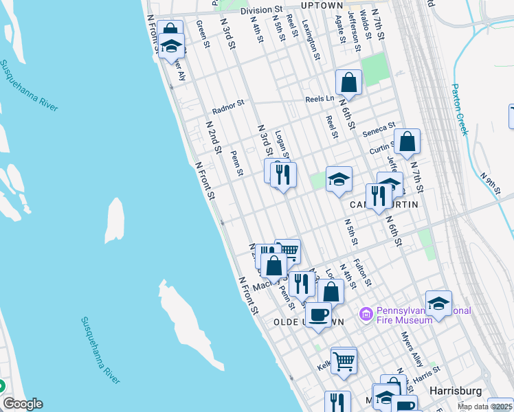 map of restaurants, bars, coffee shops, grocery stores, and more near 2322 Green Street in Harrisburg