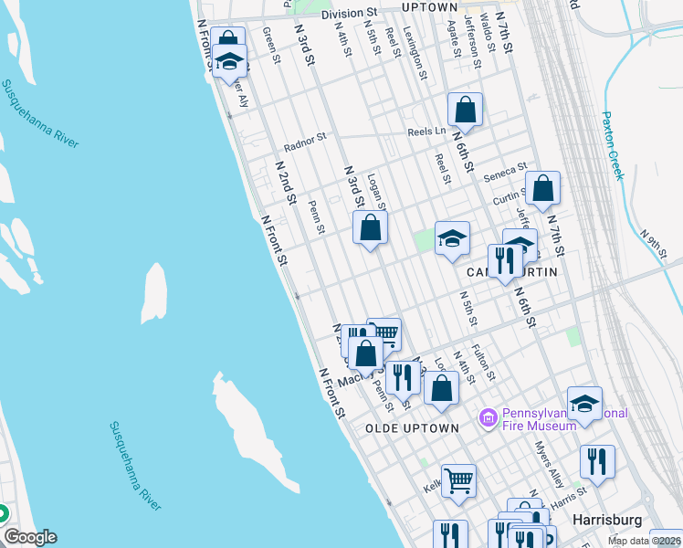 map of restaurants, bars, coffee shops, grocery stores, and more near 2322 Green Street in Harrisburg