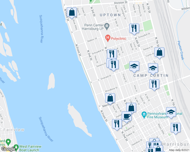 map of restaurants, bars, coffee shops, grocery stores, and more near 2327 North 2nd Street in Harrisburg