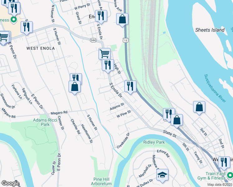 map of restaurants, bars, coffee shops, grocery stores, and more near 235 South Enola Drive in Enola
