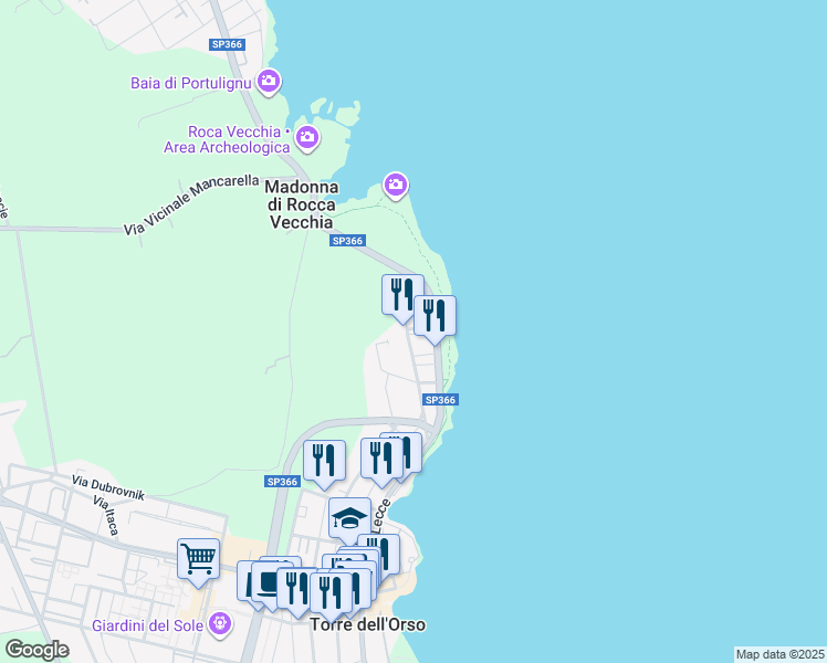 map of restaurants, bars, coffee shops, grocery stores, and more near 8 Via Francesco Petrarca in Torre dell'Orso