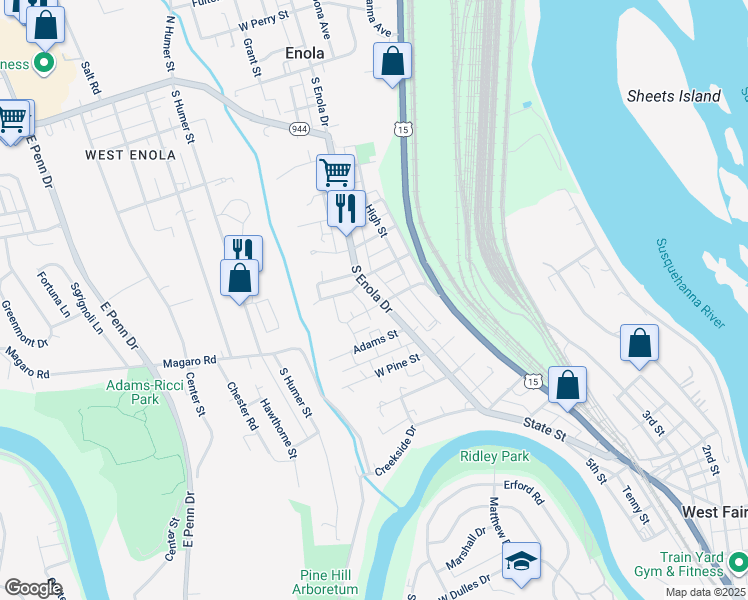 map of restaurants, bars, coffee shops, grocery stores, and more near 235 South Enola Drive in Enola