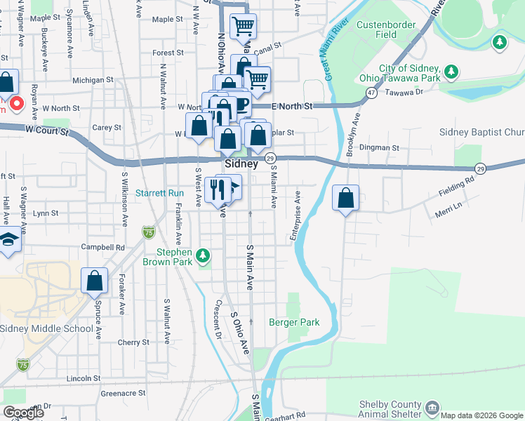 map of restaurants, bars, coffee shops, grocery stores, and more near 302 South Main Avenue in Sidney