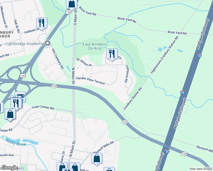 map of restaurants, bars, coffee shops, grocery stores, and more near 50 Garden View Terrace in East Windsor