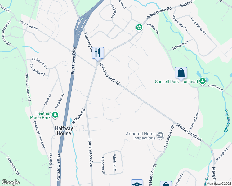 map of restaurants, bars, coffee shops, grocery stores, and more near 8-31 Maugers Mill Road in Pottstown