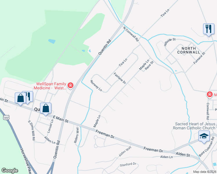 map of restaurants, bars, coffee shops, grocery stores, and more near 50 Norway Lane in Lebanon