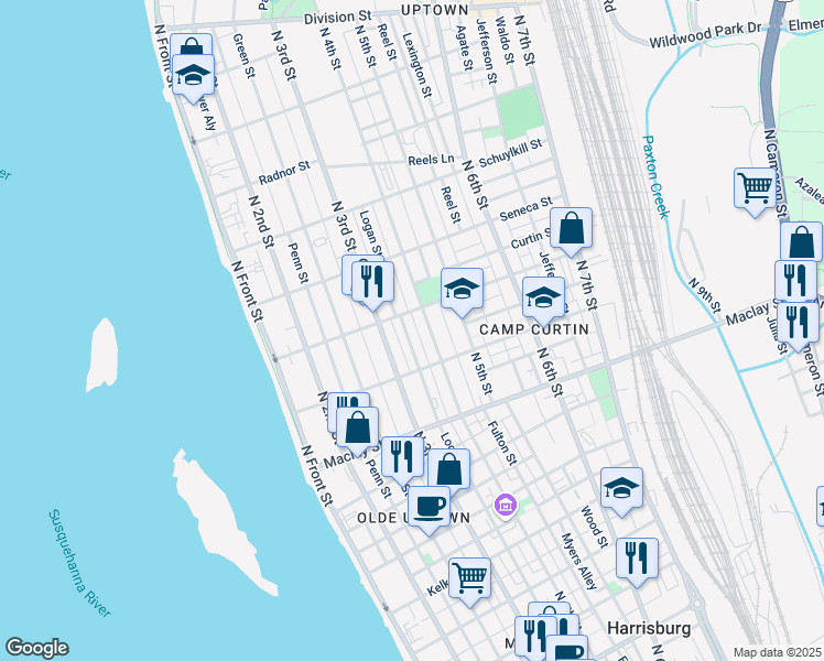 map of restaurants, bars, coffee shops, grocery stores, and more near 2247 Logan Street in Harrisburg