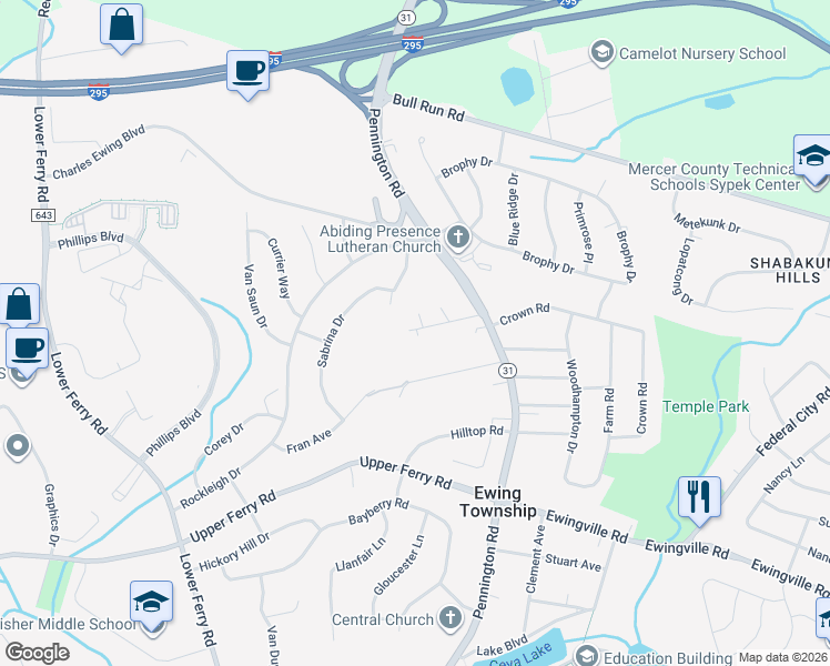 map of restaurants, bars, coffee shops, grocery stores, and more near 12 Glenmore Avenue in Ewing Township
