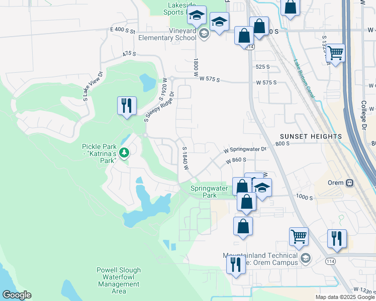 map of restaurants, bars, coffee shops, grocery stores, and more near 845 South 1840 West in Orem