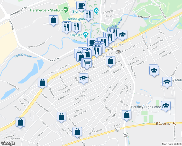 map of restaurants, bars, coffee shops, grocery stores, and more near 223 West Granada Avenue in Hershey