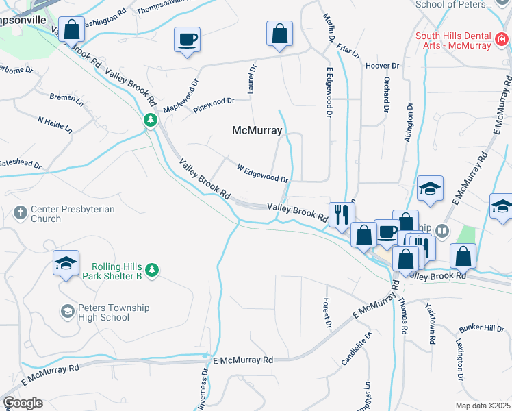 map of restaurants, bars, coffee shops, grocery stores, and more near 375 Valley Brook Road in McMurray
