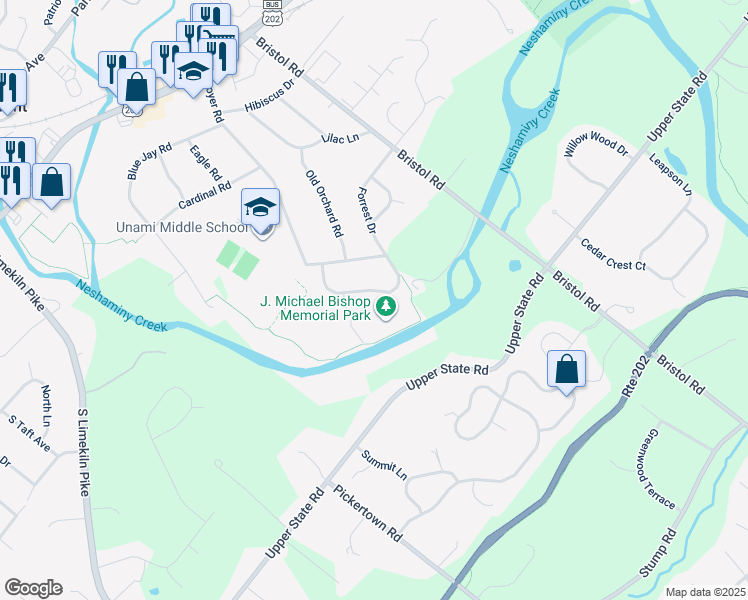 map of restaurants, bars, coffee shops, grocery stores, and more near 340 Lenape Lane in Chalfont