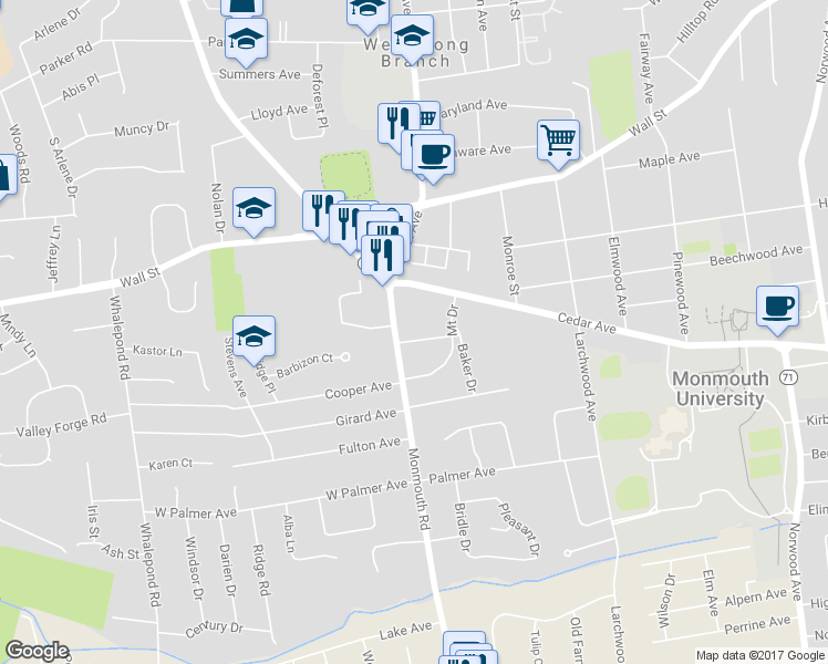 map of restaurants, bars, coffee shops, grocery stores, and more near 3 Woolley Place in West Long Branch