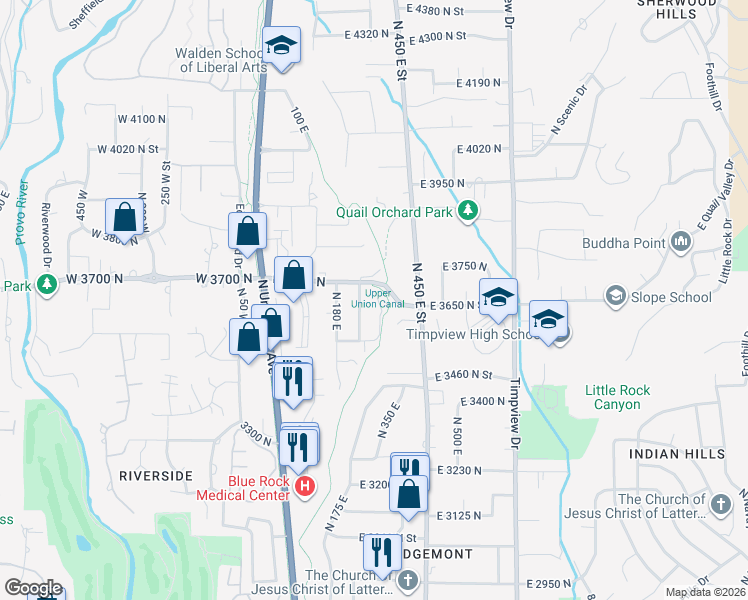 map of restaurants, bars, coffee shops, grocery stores, and more near 3682 North 230 East Street in Provo