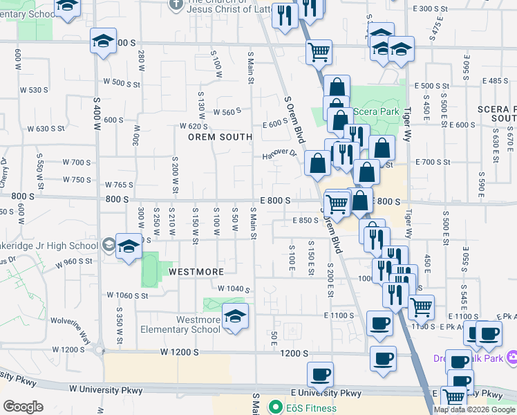 map of restaurants, bars, coffee shops, grocery stores, and more near 47 East 800 South in Orem