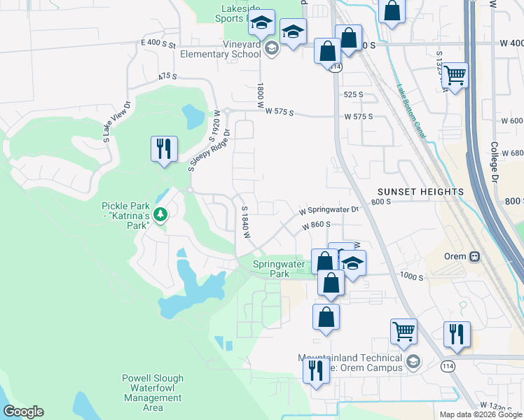map of restaurants, bars, coffee shops, grocery stores, and more near 1781 815 South in Orem