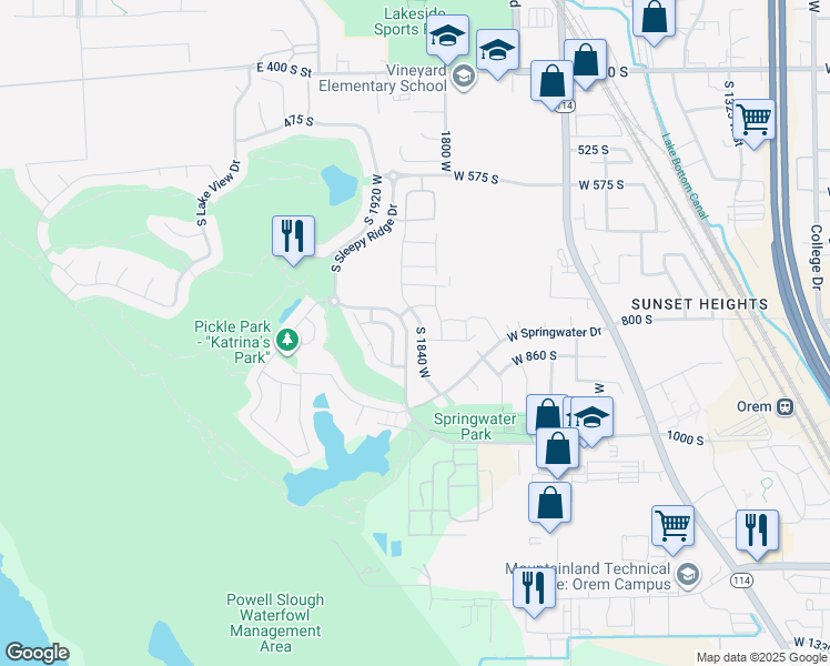 map of restaurants, bars, coffee shops, grocery stores, and more near 840 South 1840 West Street in Orem