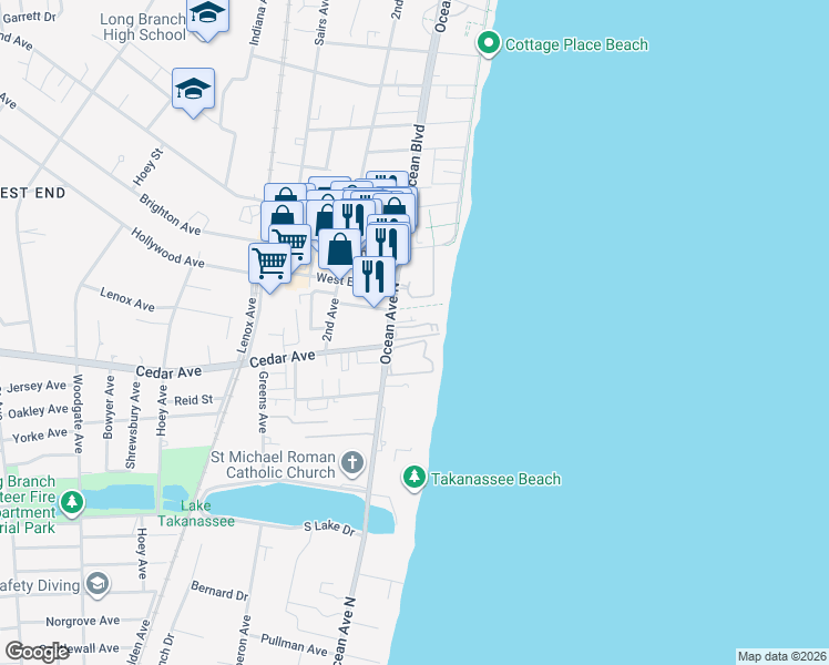 map of restaurants, bars, coffee shops, grocery stores, and more near 675 Ocean Avenue in Long Branch
