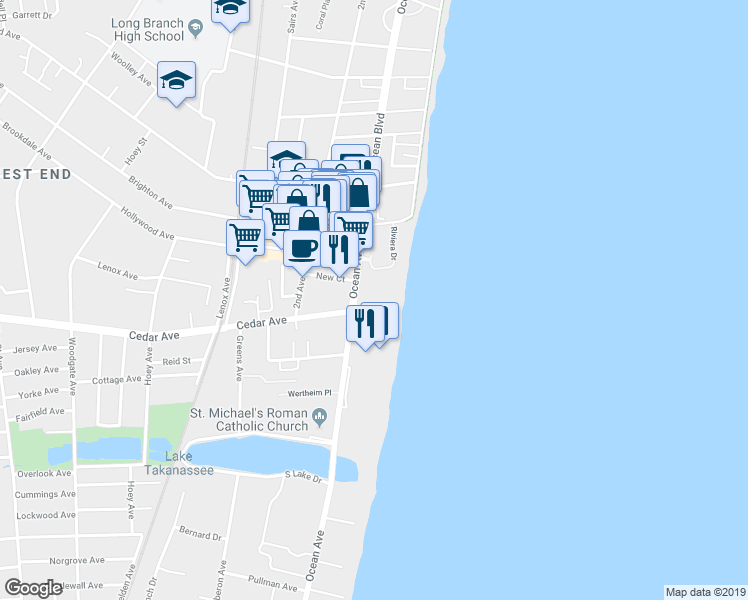 map of restaurants, bars, coffee shops, grocery stores, and more near 675 Ocean Avenue in Long Branch