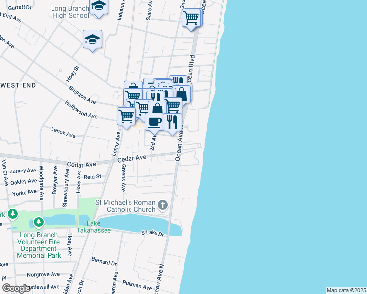 map of restaurants, bars, coffee shops, grocery stores, and more near 660 Ocean Avenue in Long Branch