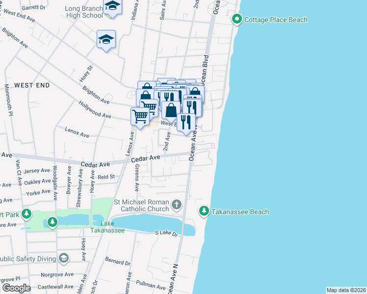 map of restaurants, bars, coffee shops, grocery stores, and more near 36 New Court in Long Branch