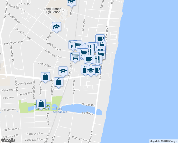 map of restaurants, bars, coffee shops, grocery stores, and more near 36 New Court in Long Branch