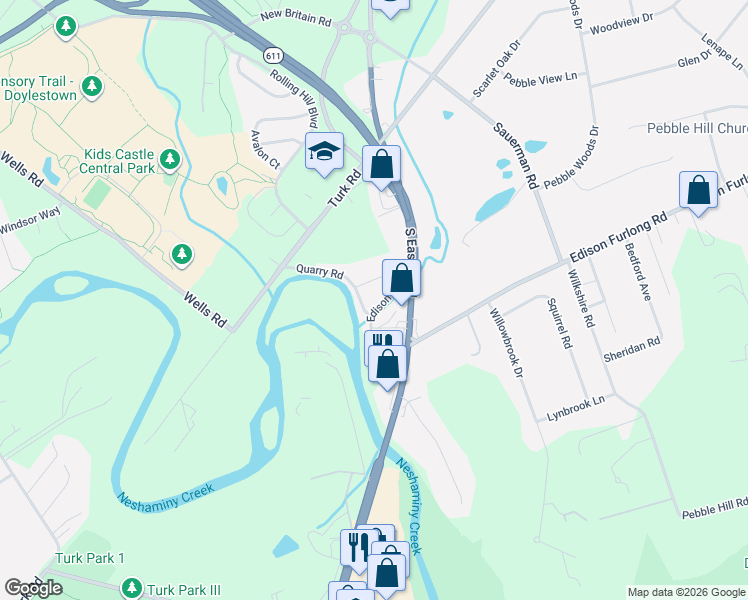 map of restaurants, bars, coffee shops, grocery stores, and more near 61 Quarry Road in Doylestown
