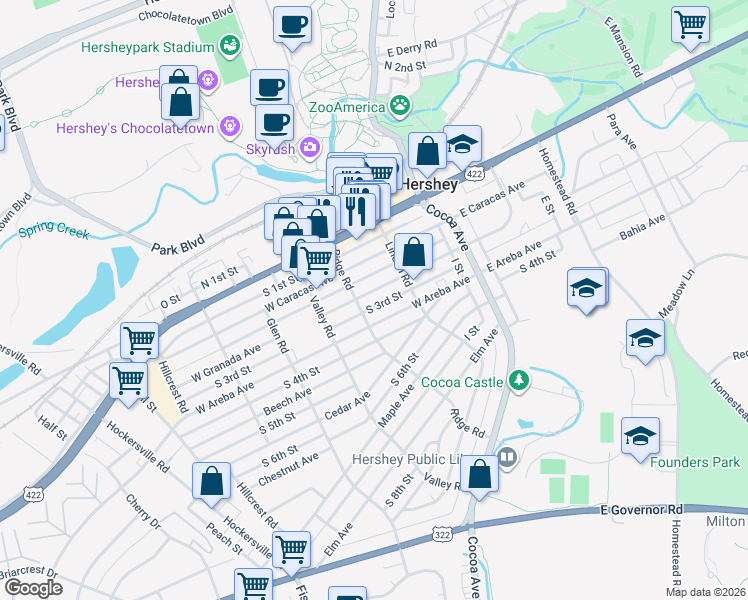 map of restaurants, bars, coffee shops, grocery stores, and more near 145 West Granada Avenue in Hershey