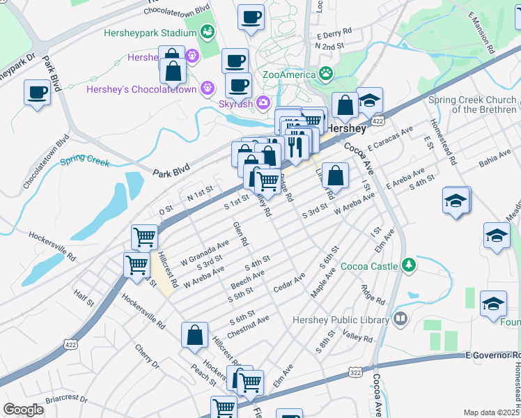 map of restaurants, bars, coffee shops, grocery stores, and more near 313 West Caracas Avenue in Hershey