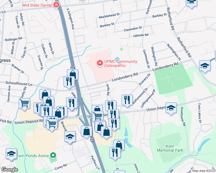 map of restaurants, bars, coffee shops, grocery stores, and more near 4301 Londonderry Road in Harrisburg