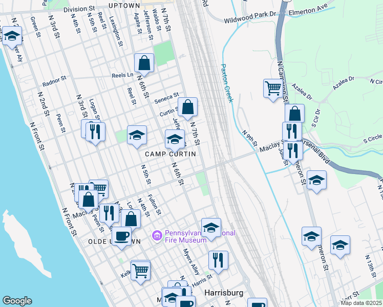 map of restaurants, bars, coffee shops, grocery stores, and more near 626 Woodbine Street in Harrisburg