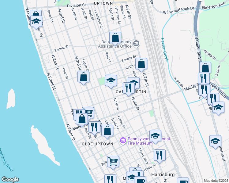 map of restaurants, bars, coffee shops, grocery stores, and more near 529 Camp Street in Harrisburg