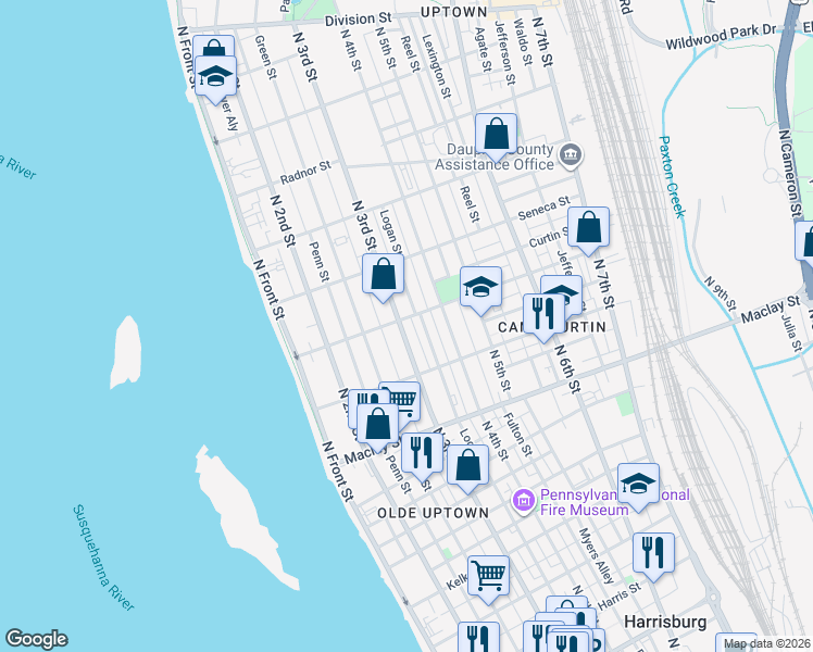map of restaurants, bars, coffee shops, grocery stores, and more near 2300 North 3rd Street in Harrisburg