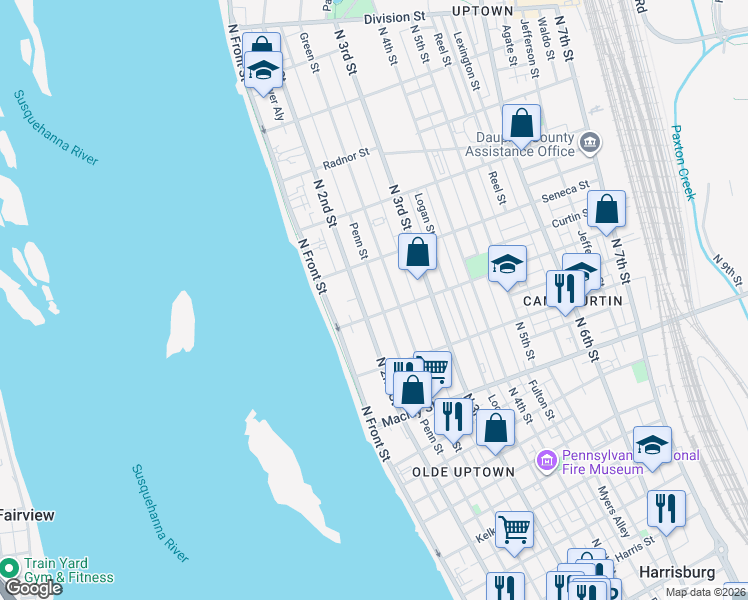map of restaurants, bars, coffee shops, grocery stores, and more near 2322 Green Street in Harrisburg