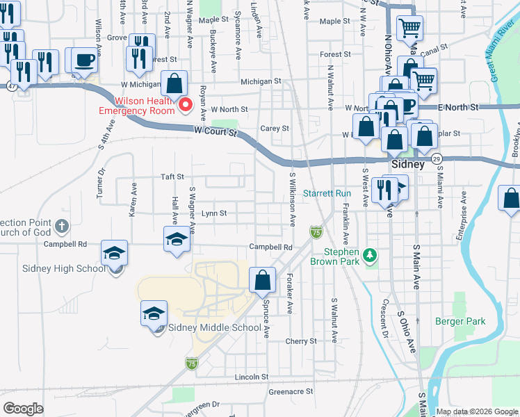 map of restaurants, bars, coffee shops, grocery stores, and more near 339 South Highland Avenue in Sidney
