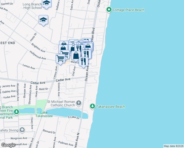 map of restaurants, bars, coffee shops, grocery stores, and more near 675 Ocean Avenue in Long Branch