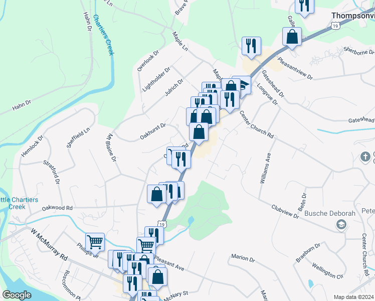 map of restaurants, bars, coffee shops, grocery stores, and more near 3588 Washington Road in Canonsburg