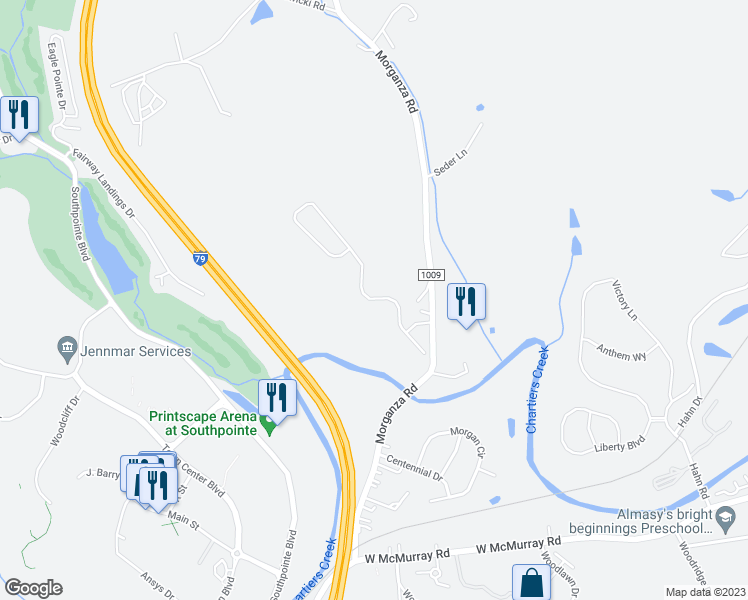 map of restaurants, bars, coffee shops, grocery stores, and more near 232 Maple Ridge Drive in Canonsburg