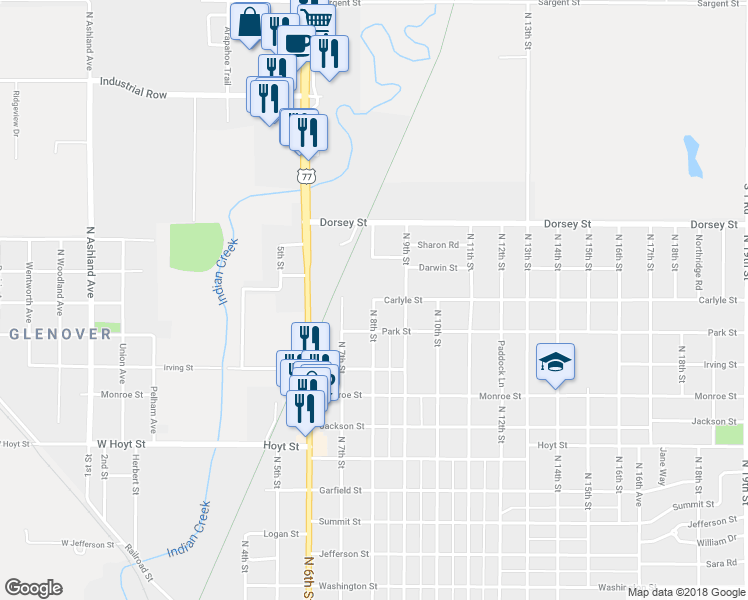 map of restaurants, bars, coffee shops, grocery stores, and more near North 8th Street in Beatrice