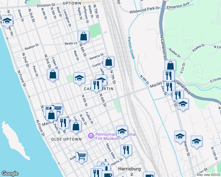 map of restaurants, bars, coffee shops, grocery stores, and more near 626 Woodbine Street in Harrisburg