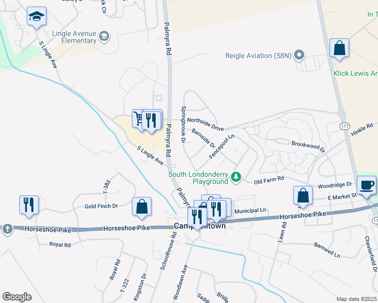 map of restaurants, bars, coffee shops, grocery stores, and more near 322 Springbrook Drive in Palmyra