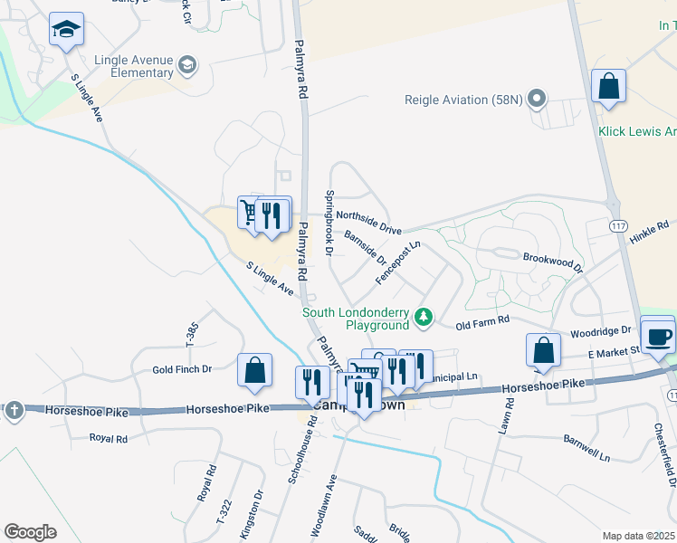 map of restaurants, bars, coffee shops, grocery stores, and more near 322 Springbrook Drive in Palmyra