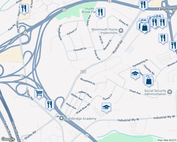 map of restaurants, bars, coffee shops, grocery stores, and more near 270 Wyckoff Road in Eatontown