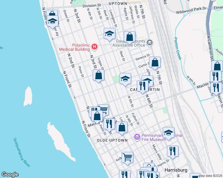 map of restaurants, bars, coffee shops, grocery stores, and more near 331 Emerald Street in Harrisburg