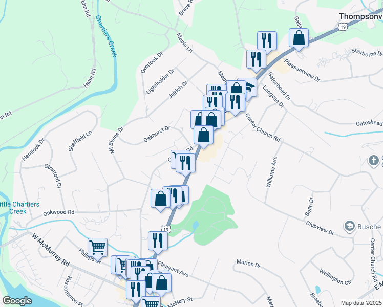 map of restaurants, bars, coffee shops, grocery stores, and more near 3588 Washington Road in Canonsburg