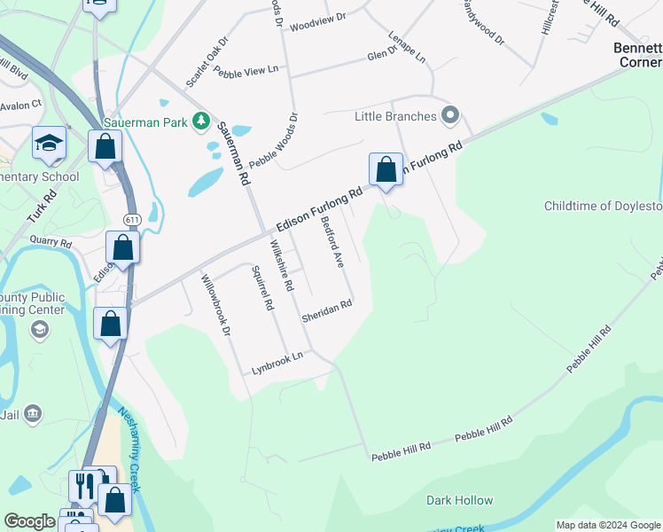 map of restaurants, bars, coffee shops, grocery stores, and more near 34 Bedford Avenue in Doylestown