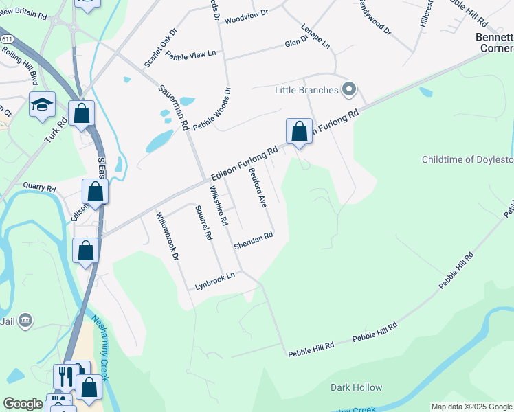 map of restaurants, bars, coffee shops, grocery stores, and more near 34 Bedford Avenue in Doylestown