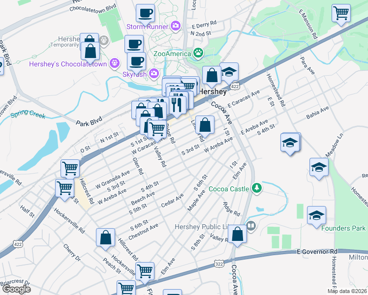 map of restaurants, bars, coffee shops, grocery stores, and more near 145 West Granada Avenue in Hershey