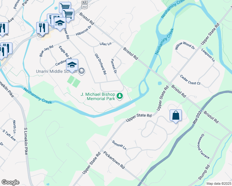 map of restaurants, bars, coffee shops, grocery stores, and more near 340 Lenape Lane in Chalfont