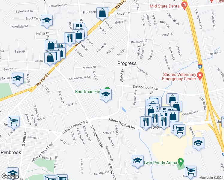map of restaurants, bars, coffee shops, grocery stores, and more near 314 Rustic Drive in Harrisburg